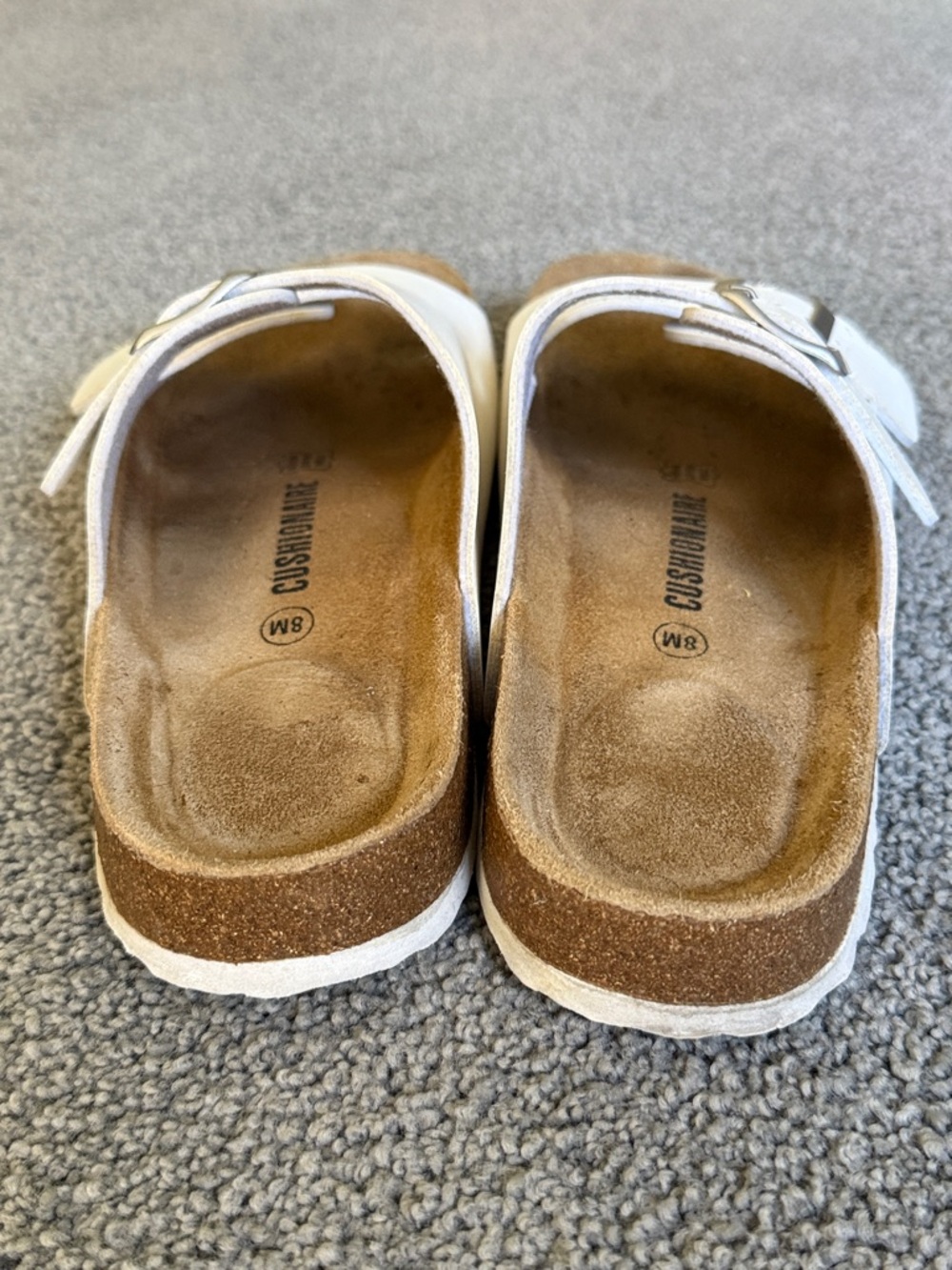 Double-Strap Slide Sandals. White w/Silver Tone Buckles. Leather Insole. Size 8M - Picture 3 of 6